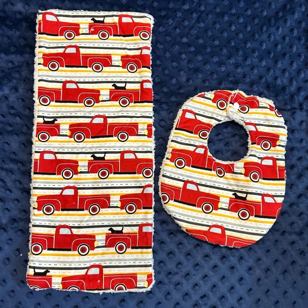 Red Truck Baby Bib and Burp Cloth Set And A Stripe Pattern